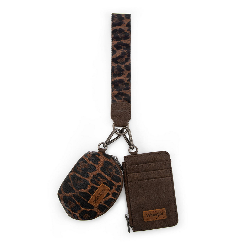 Wrangler Leopard Print Dual Pouch Wristlet - Coffee