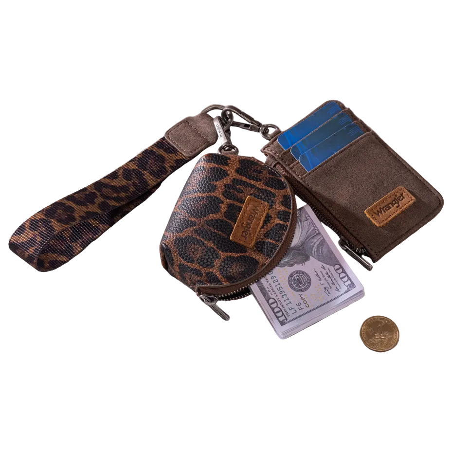Wrangler Leopard Print Dual Pouch Wristlet - Coffee