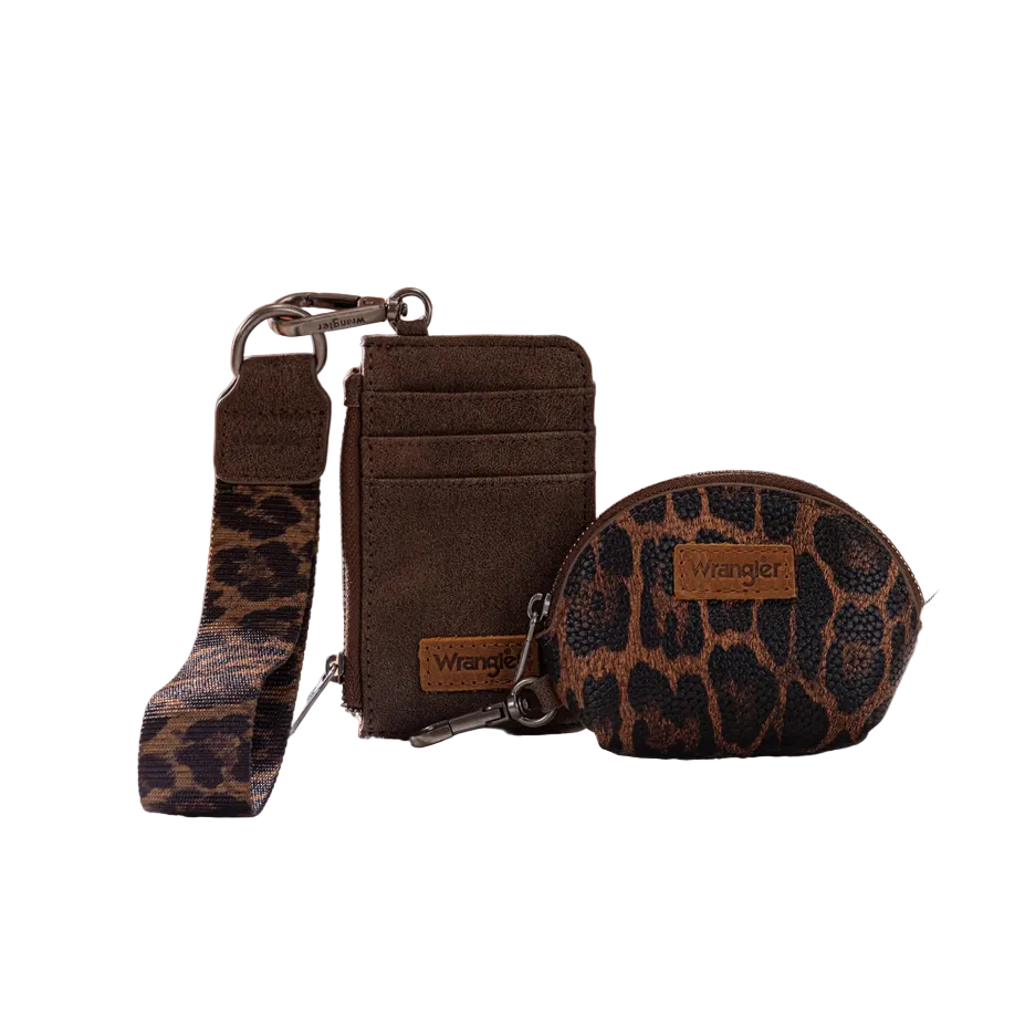 Wrangler Leopard Print Dual Pouch Wristlet - Coffee