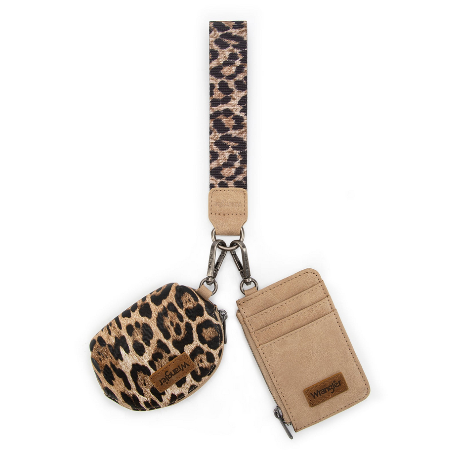 Wrangler Leopard Print Dual Pouch Wristlet - Tan