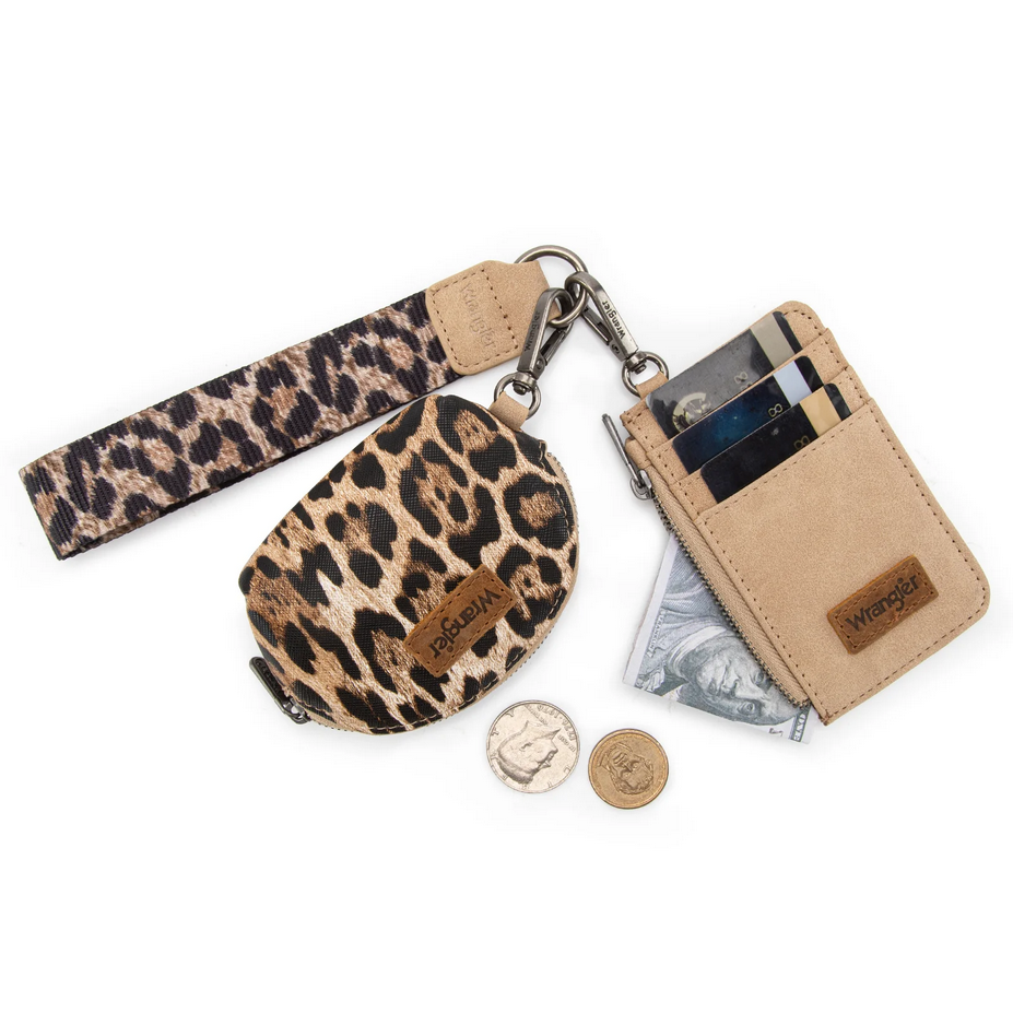 Wrangler Leopard Print Dual Pouch Wristlet - Tan