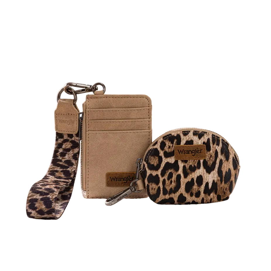 Wrangler Leopard Print Dual Pouch Wristlet - Tan