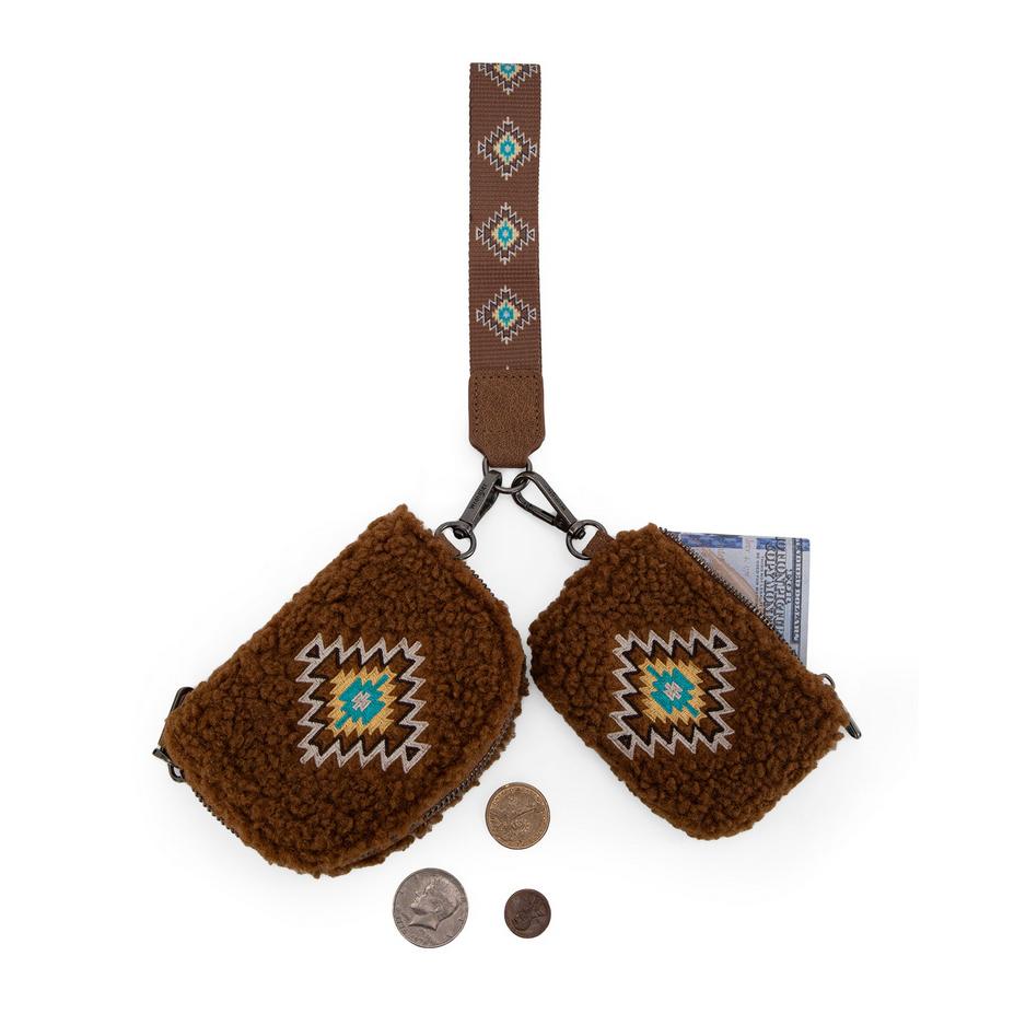 Wrangler Sherpa Embroidered Aztec Dual Pouch Wristlet - Brown