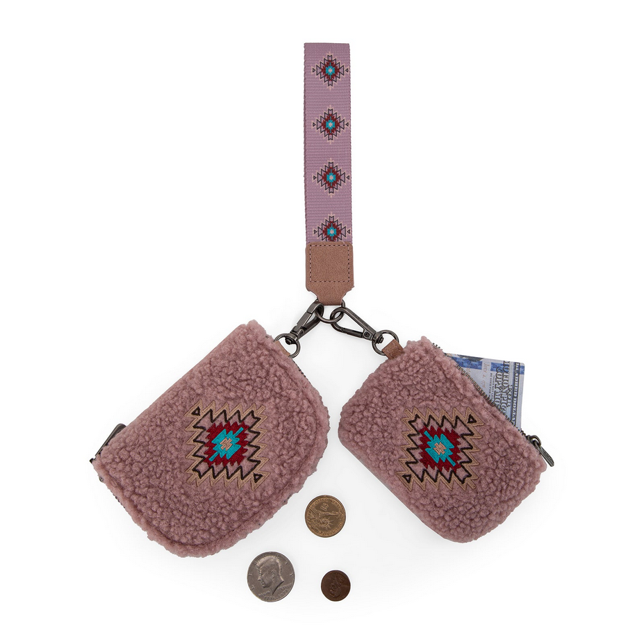 Wrangler Sherpa Embroidered Aztec Dual Pouch Wristlet - Dark Pink