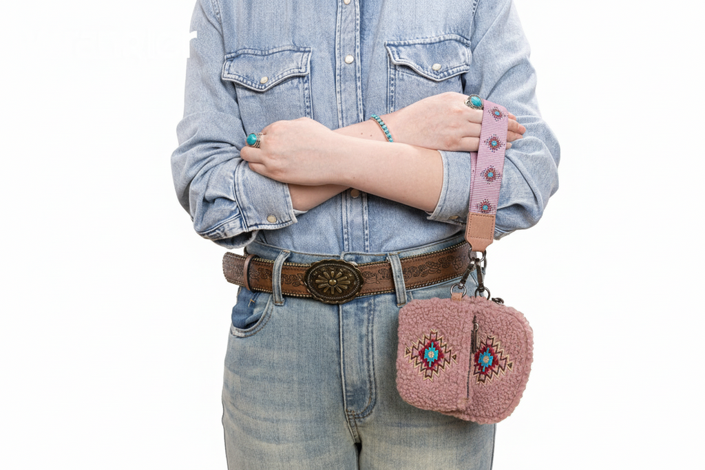 Wrangler Sherpa Embroidered Aztec Dual Pouch Wristlet - Dark Pink
