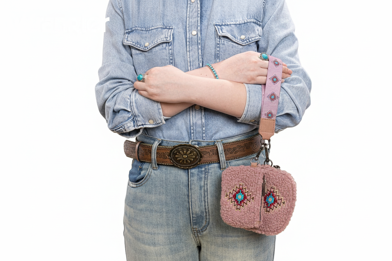 Wrangler Sherpa Embroidered Aztec Dual Pouch Wristlet - Dark Pink