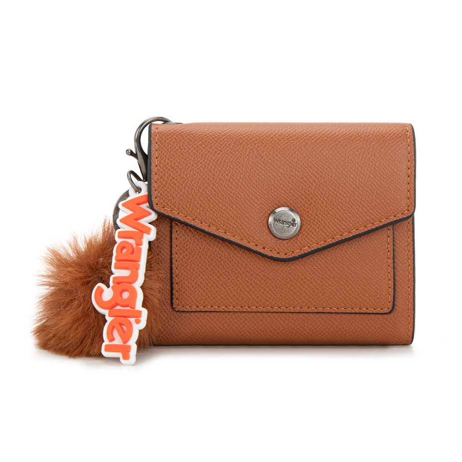 Wrangler Tri-Fold Wallet with Keyring Pom Pom – Brown