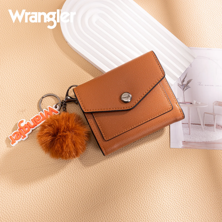 Wrangler Tri-Fold Wallet with Keyring Pom Pom – Brown