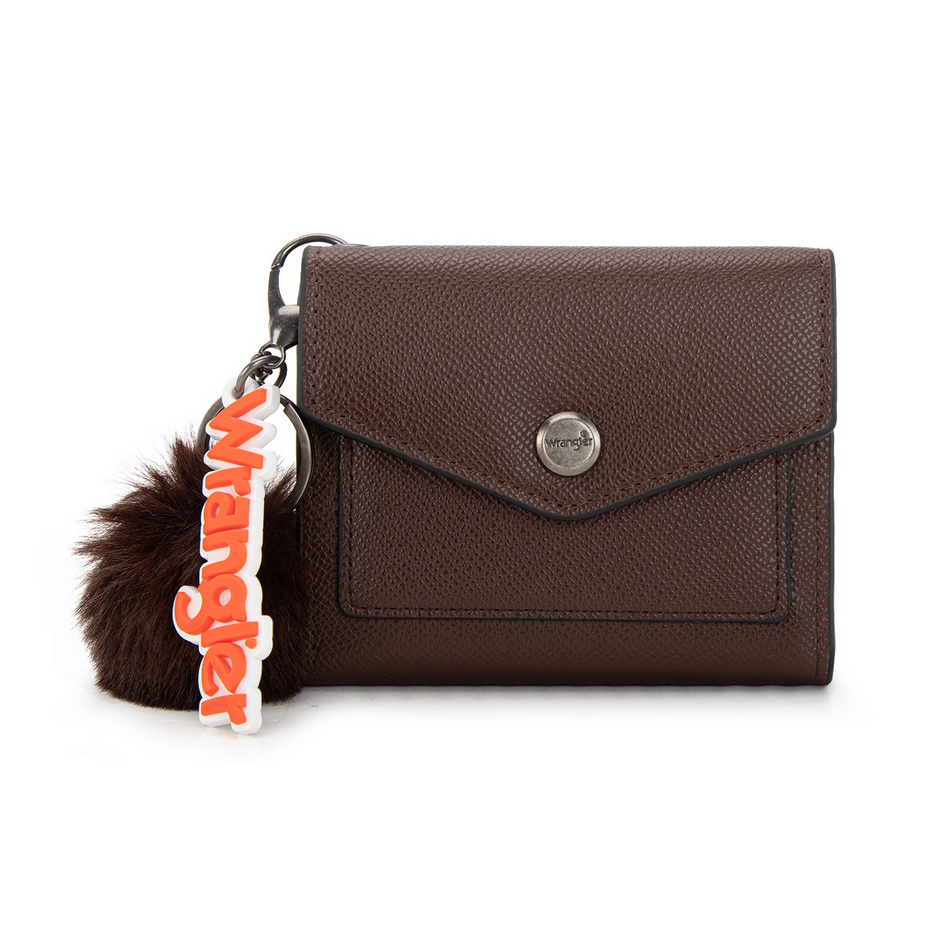 Wrangler Tri-Fold Wallet with Keyring Pom Pom – Coffee
