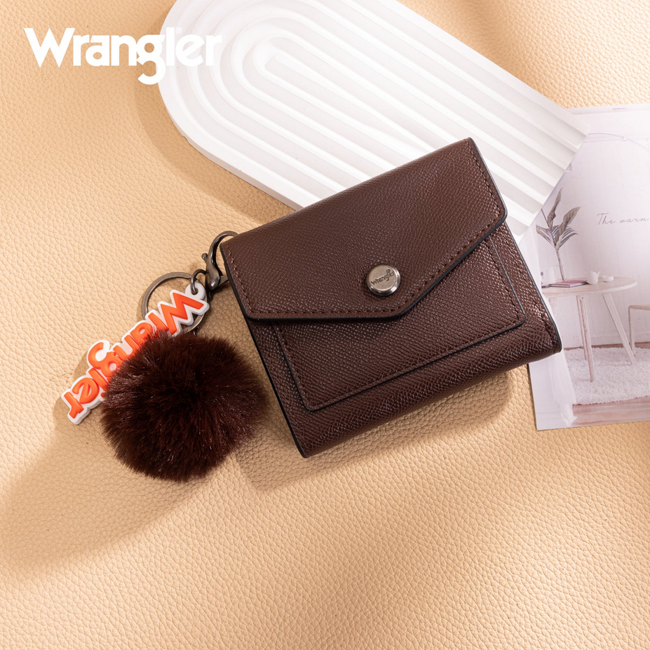 Wrangler Tri-Fold Wallet with Keyring Pom Pom – Coffee