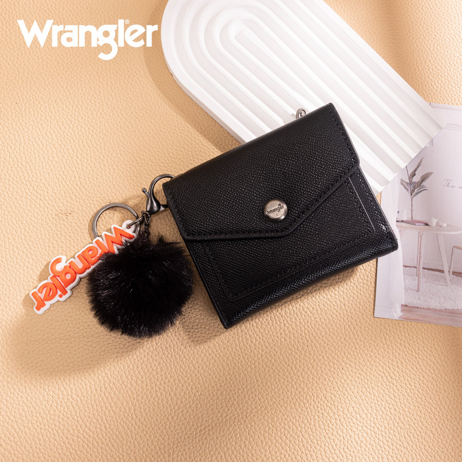 Wrangler Tri-Fold Wallet with Keyring Pom Pom – Black
