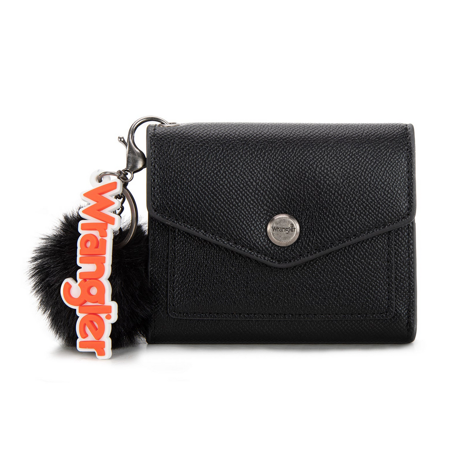 Wrangler Tri-Fold Wallet with Keyring Pom Pom – Black