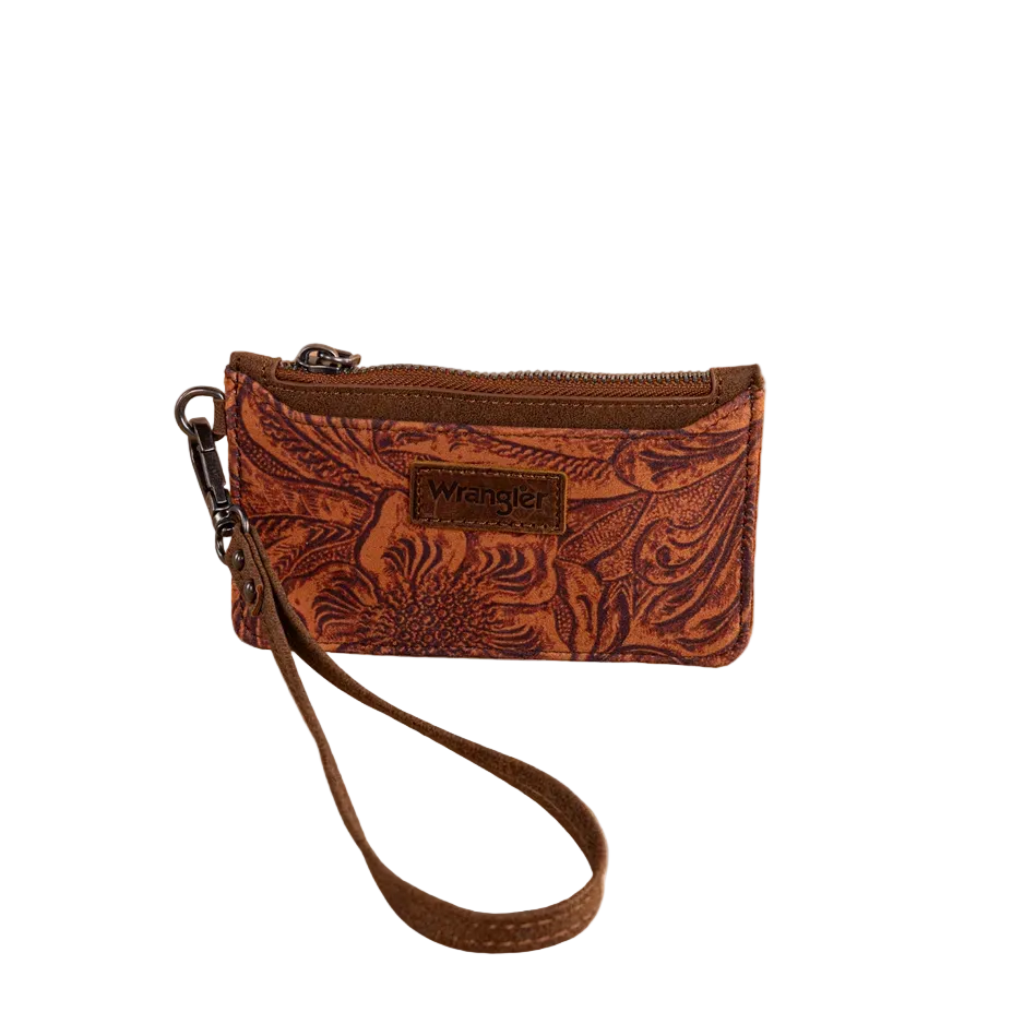 Wrangler Vintage Floral Velvet Printed Mini Zip Card Case Wristlet – Brown