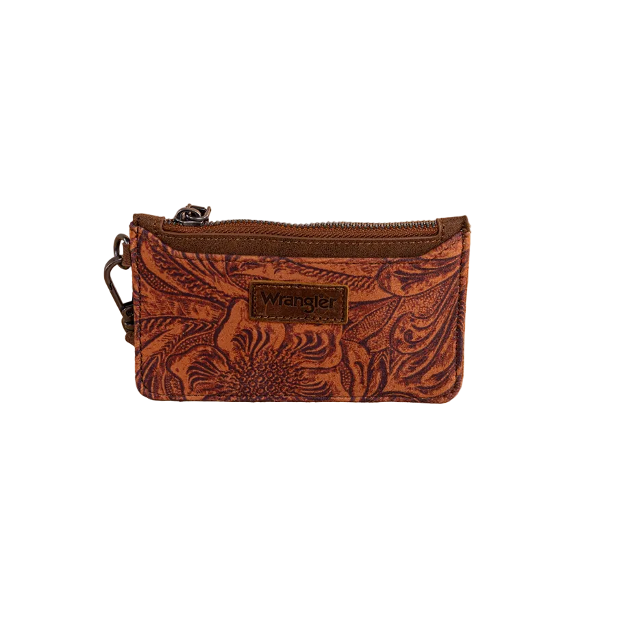 Wrangler Vintage Floral Velvet Printed Mini Zip Card Case Wristlet – Brown