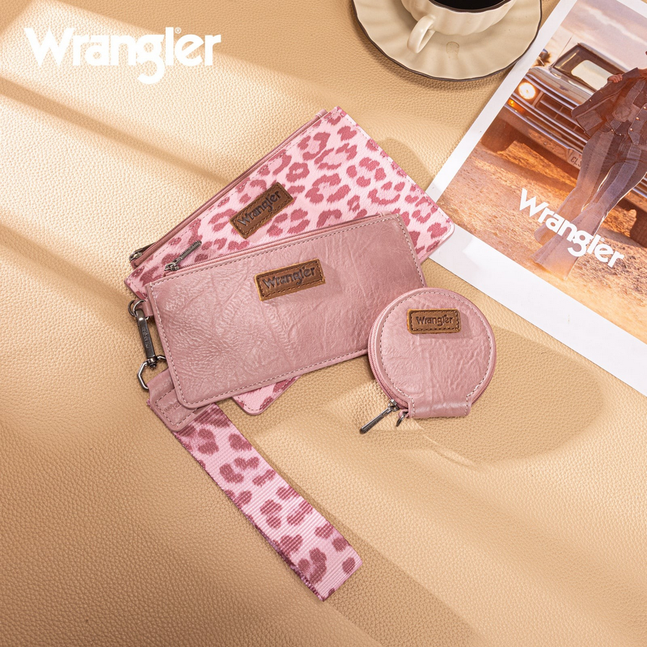 Wrangler Leopard Print Dual Pouch Wristlet with Zipper Round Case- Dark Pink