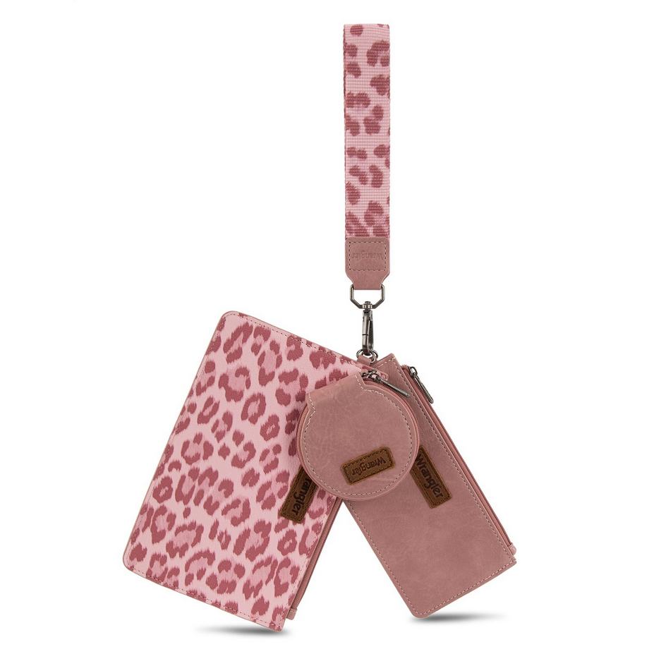 Wrangler Leopard Print Dual Pouch Wristlet with Zipper Round Case- Dark Pink