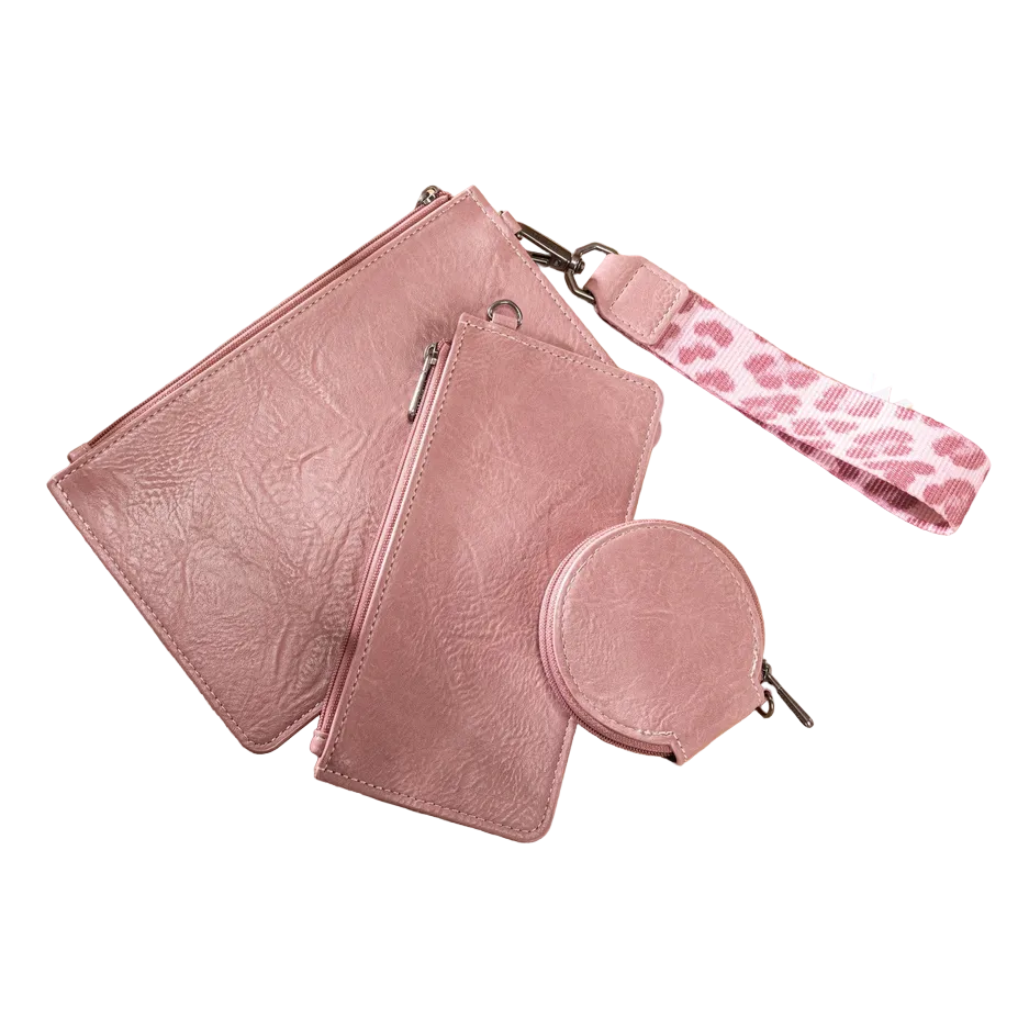 Wrangler Leopard Print Dual Pouch Wristlet with Zipper Round Case- Dark Pink