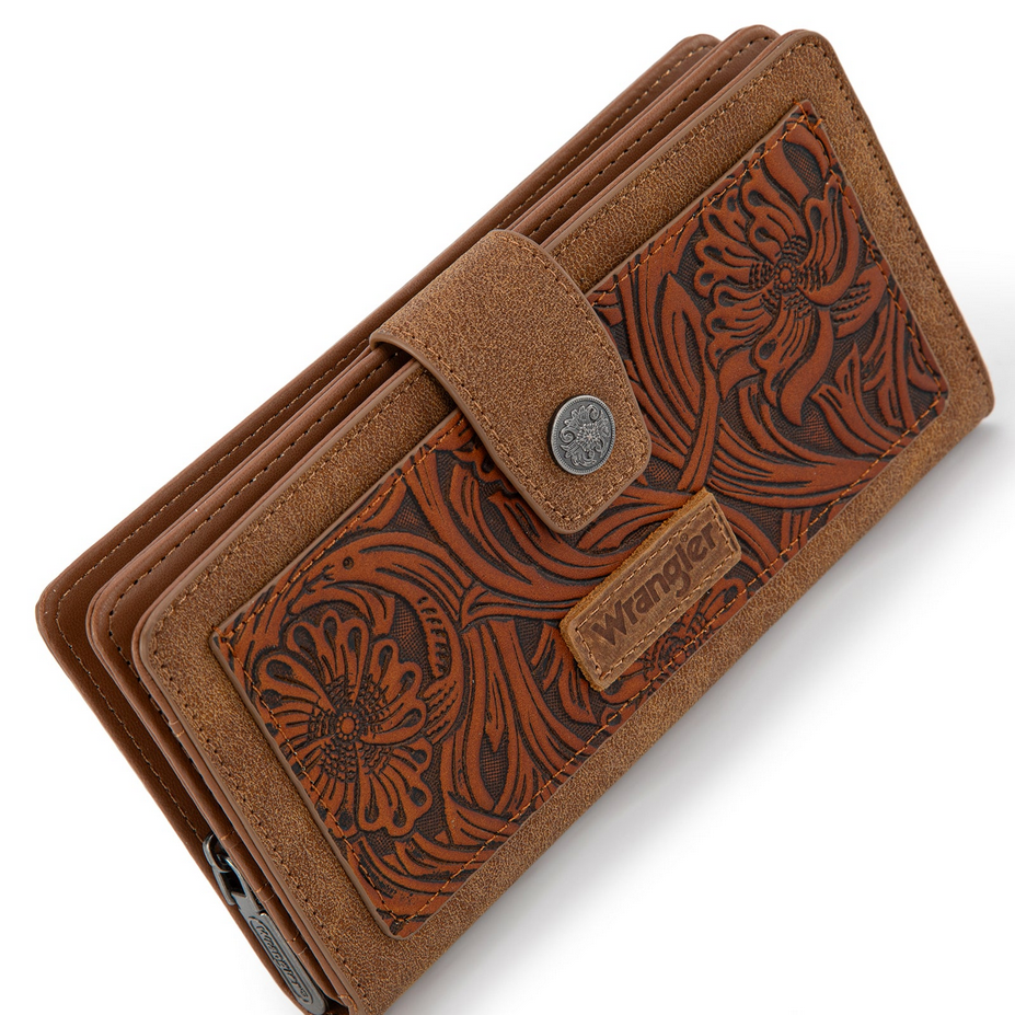 Wrangler Western Floral Tooled RFID Wallet – Brown