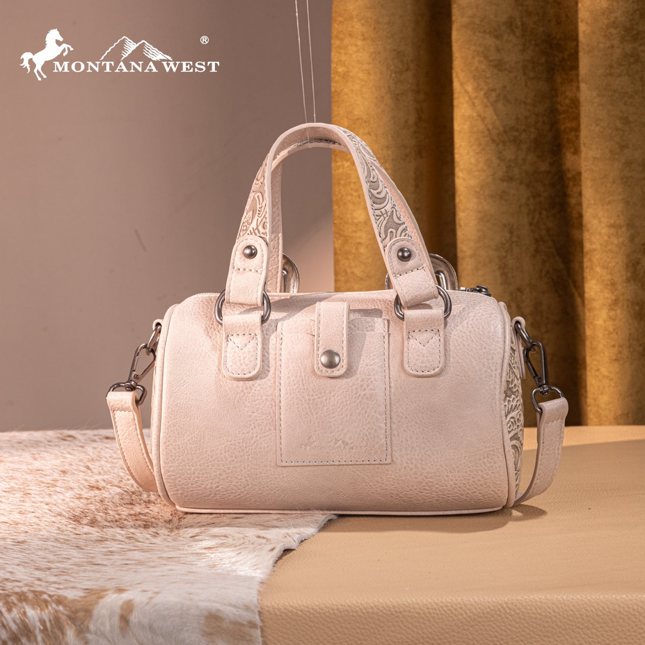 Montana West Tooled Buckle Mini Barrel Crossbody Bag - Beige