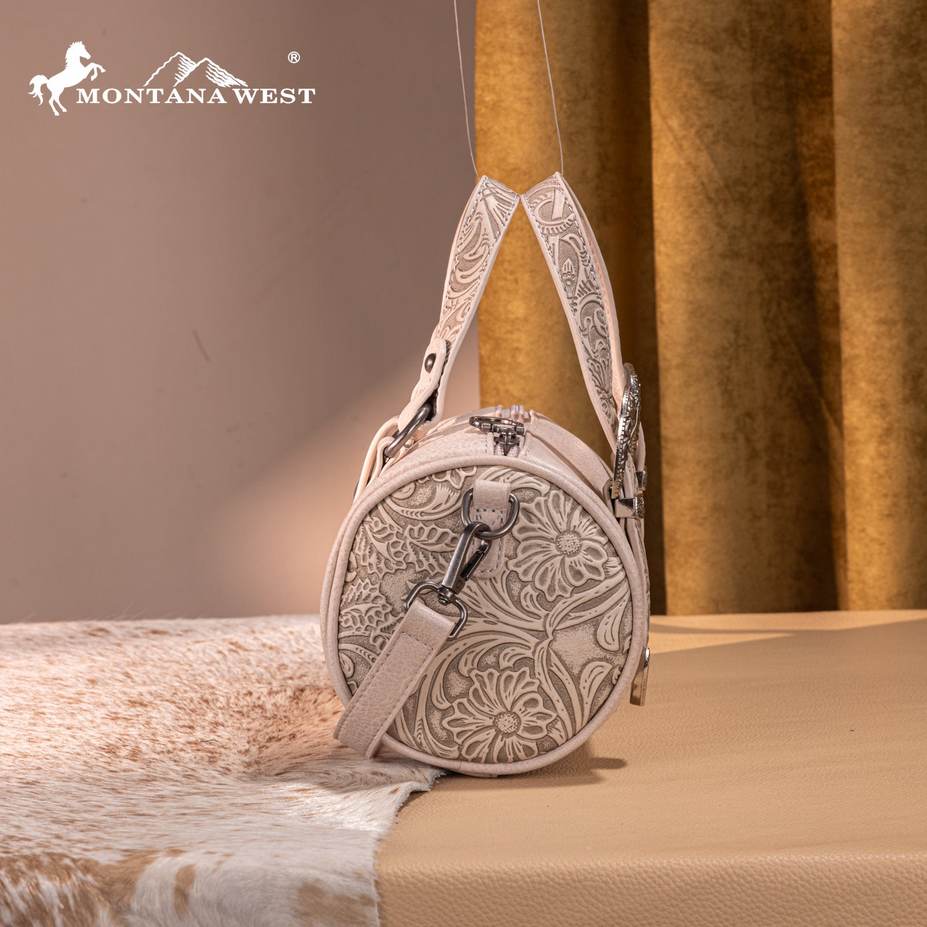 Montana West Tooled Buckle Mini Barrel Crossbody Bag - Beige