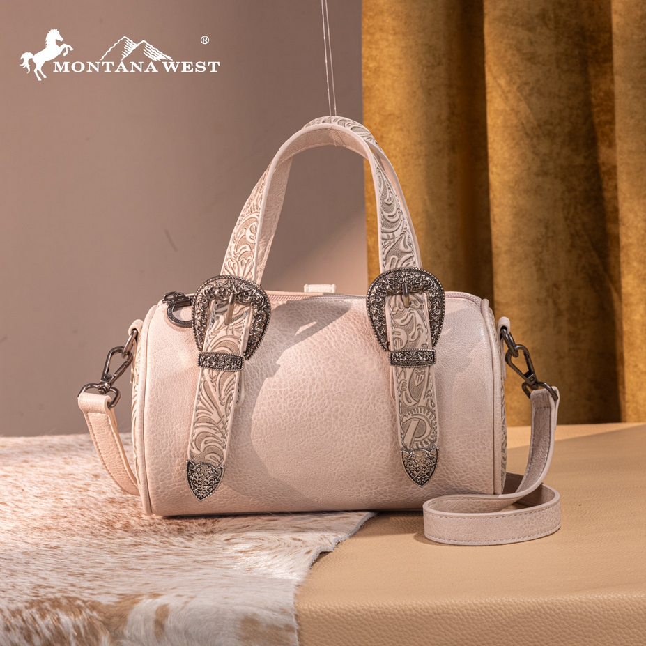 Montana West Tooled Buckle Mini Barrel Crossbody Bag - Beige