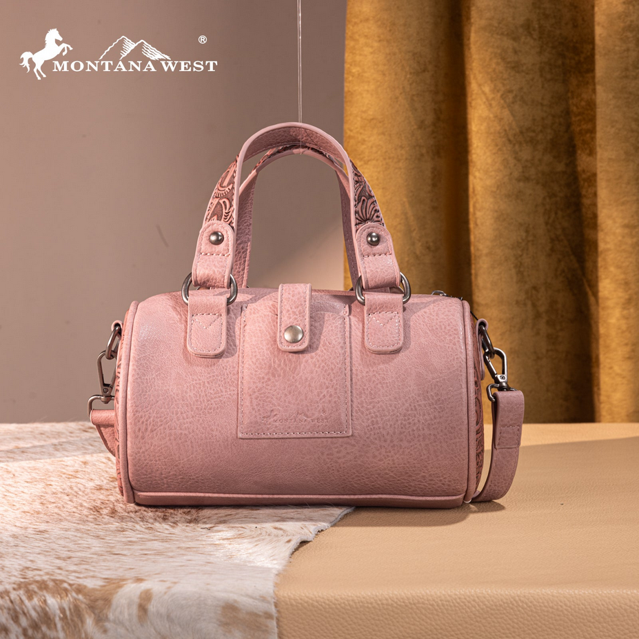 Montana West Tooled Buckle Mini Barrel Crossbody Bag - Dark Pink