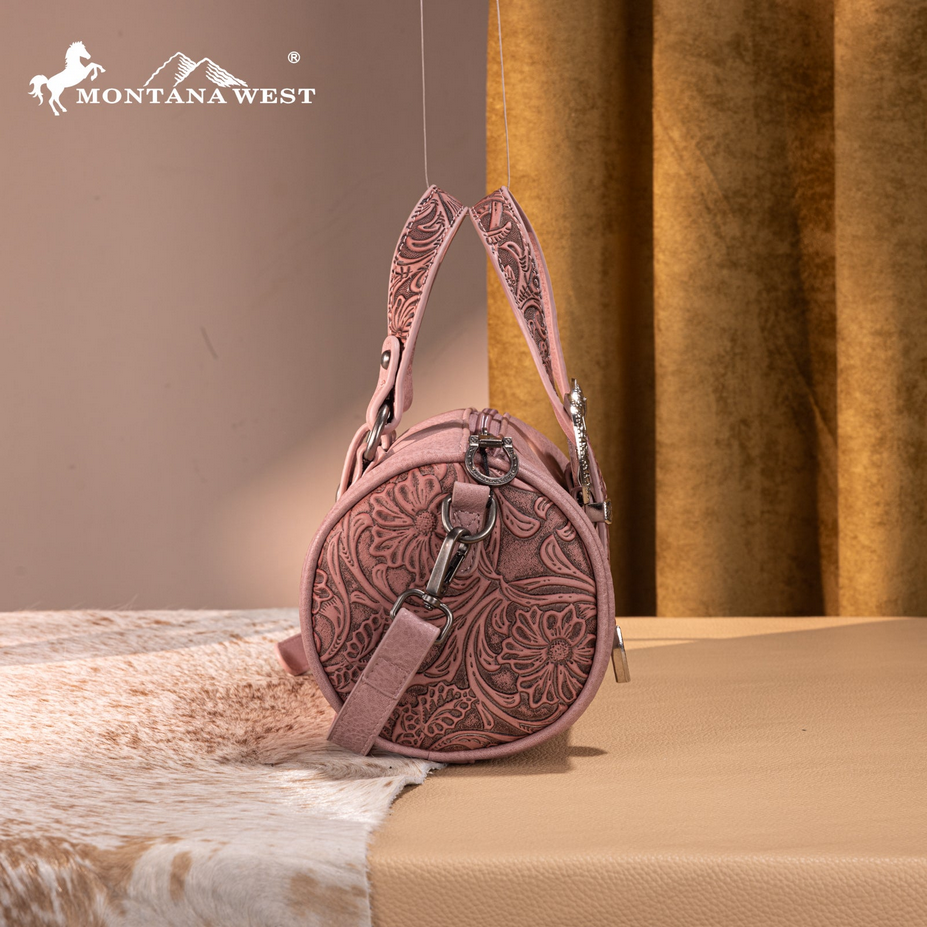 Montana West Tooled Buckle Mini Barrel Crossbody Bag - Dark Pink