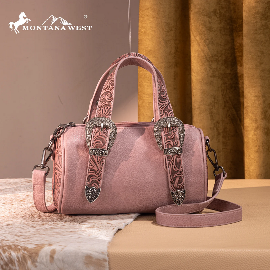 Montana West Tooled Buckle Mini Barrel Crossbody Bag - Dark Pink