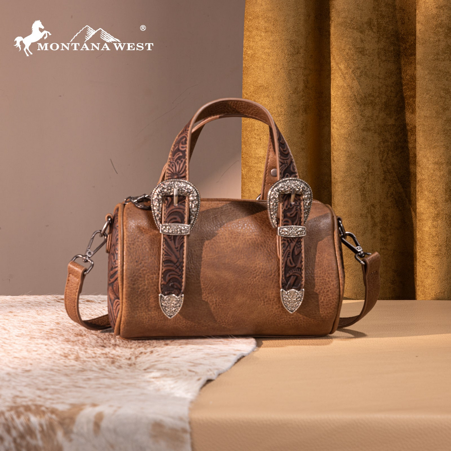 Montana West Tooled Buckle Mini Barrel Crossbody Bag - Light Coffee