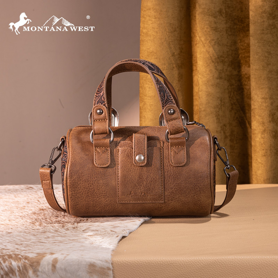 Montana West Tooled Buckle Mini Barrel Crossbody Bag - Light Coffee