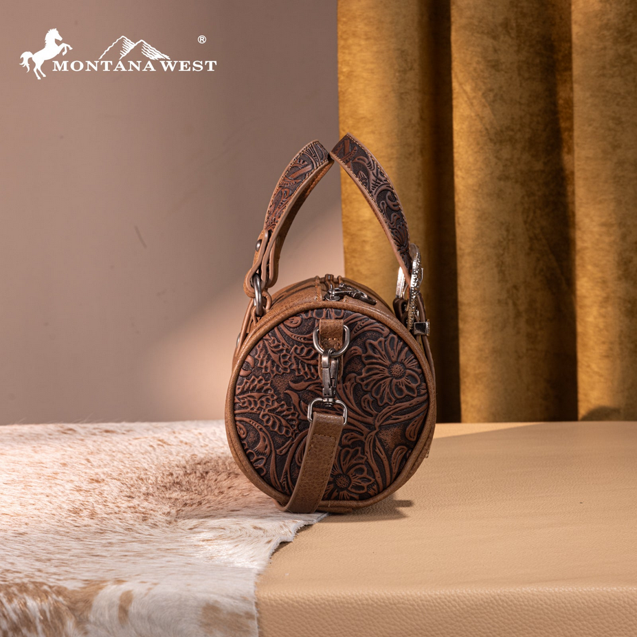 Montana West Tooled Buckle Mini Barrel Crossbody Bag - Light Coffee