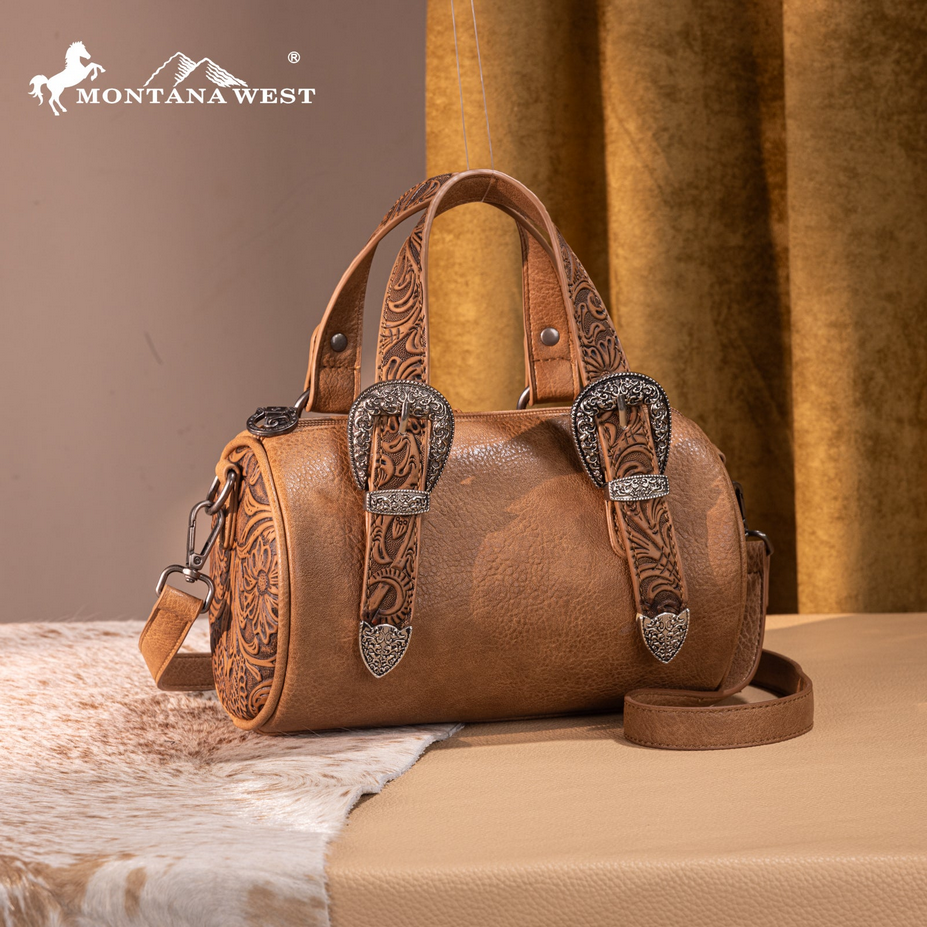 Montana West Tooled Buckle Mini Barrel Crossbody Bag - Light Brown