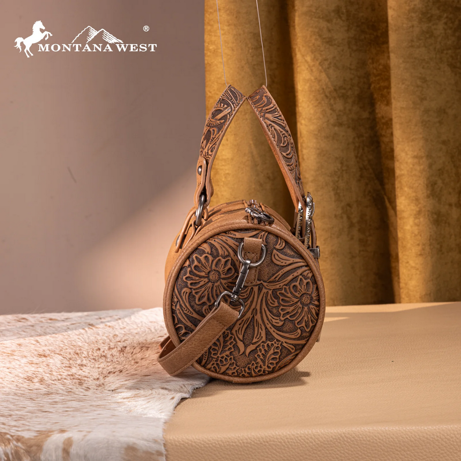 Montana West Tooled Buckle Mini Barrel Crossbody Bag - Light Brown