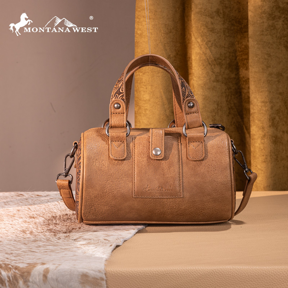 Montana West Tooled Buckle Mini Barrel Crossbody Bag - Light Brown
