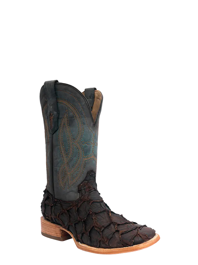 A4498 Dark Brown Pirarucu Navy Blue Cowboy Boot
