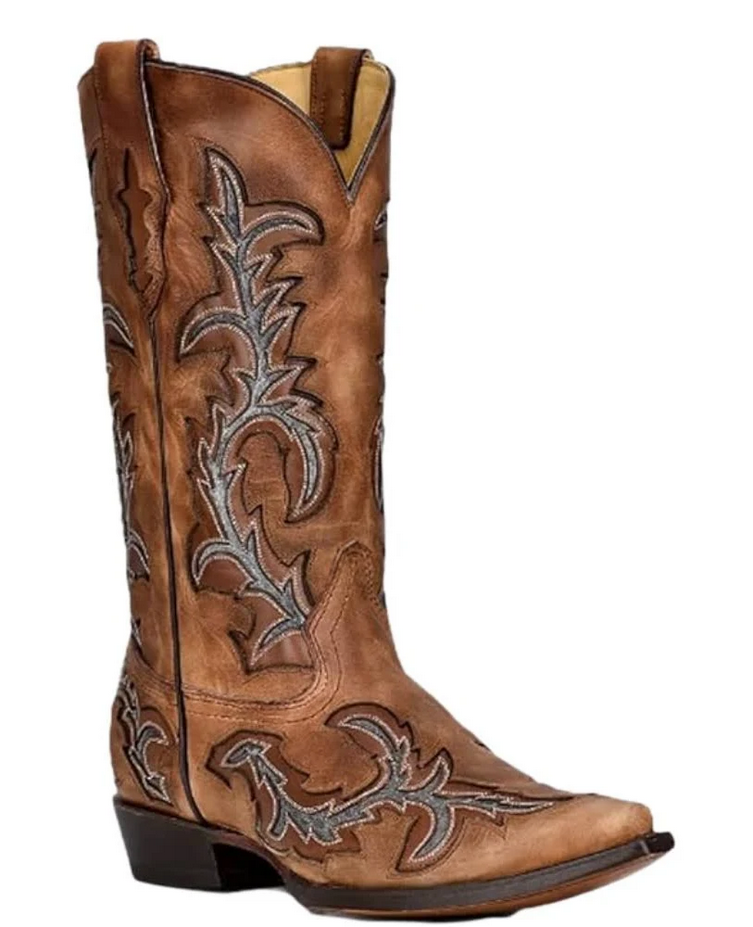 C3845 Men’s Honey & Grey Inlay Embroidery Western Boot