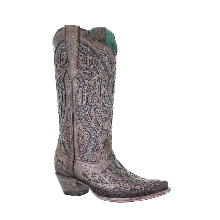 E1569 Corral Ladies Brown Grey Glitter Inlay Stud Snip Toe Boot