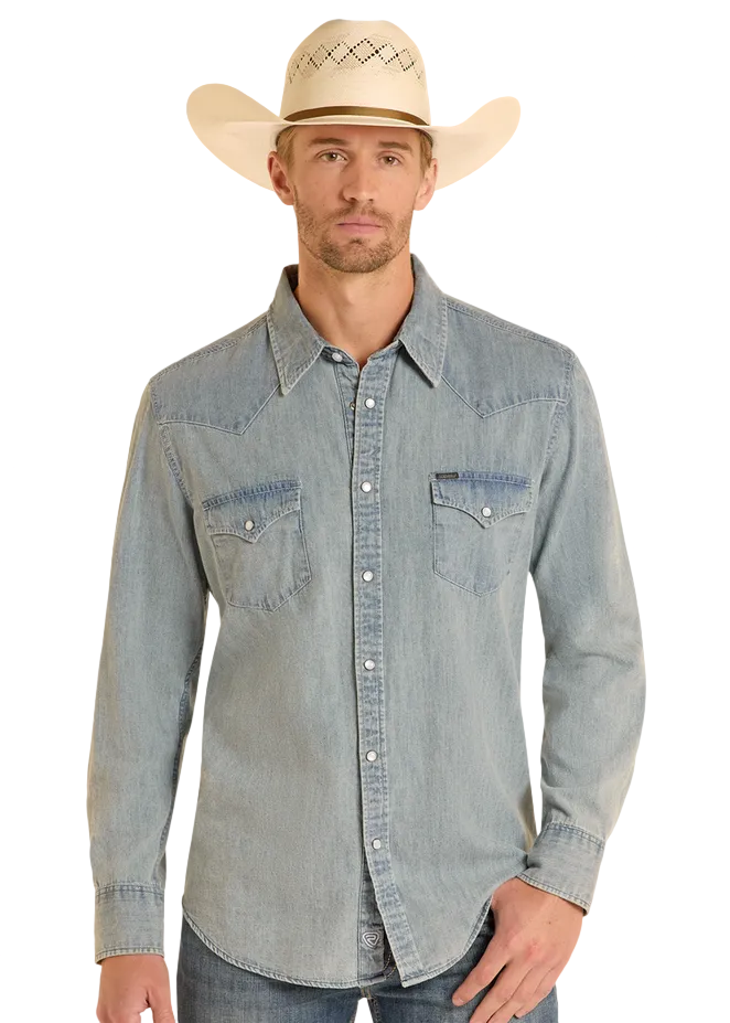 Slim Fit Medium Wash Denim Snap Shirt