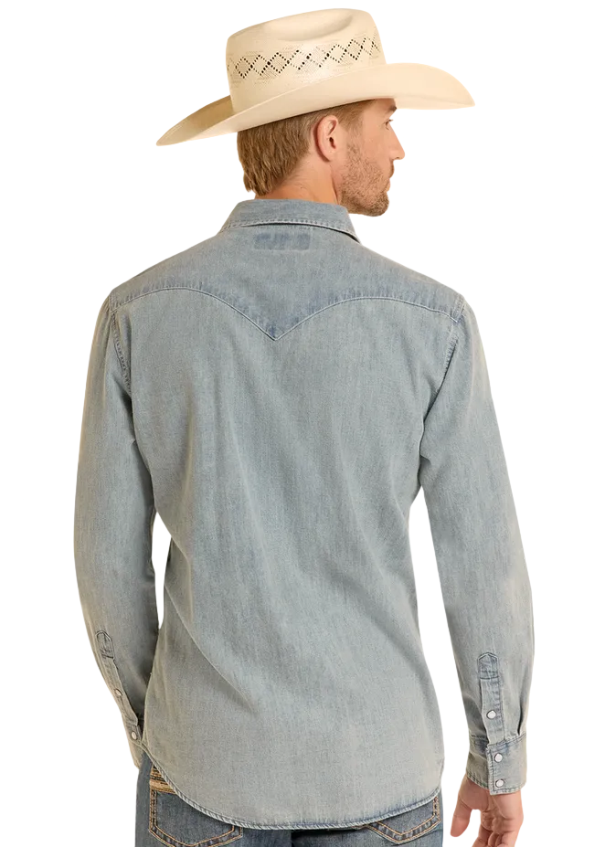 Slim Fit Medium Wash Denim Snap Shirt