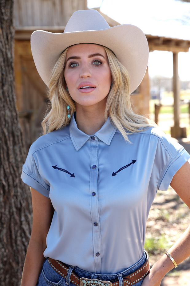 Cruel Denim Women’s Dusty Blue Satin Short Sleeve Snap Shirt