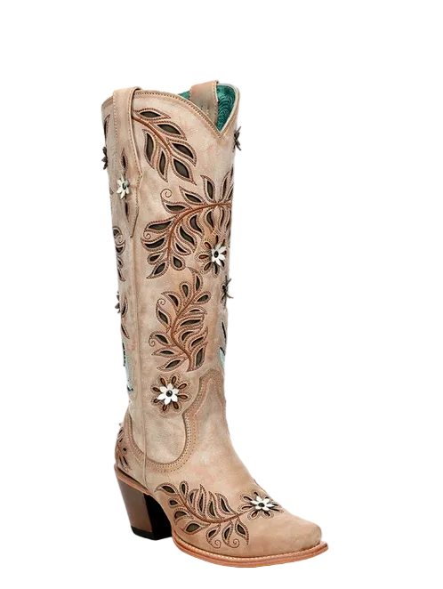 Z5429 Women's Straw Floral & Bird Inlay Tall Snip Toe Cowboy Boot