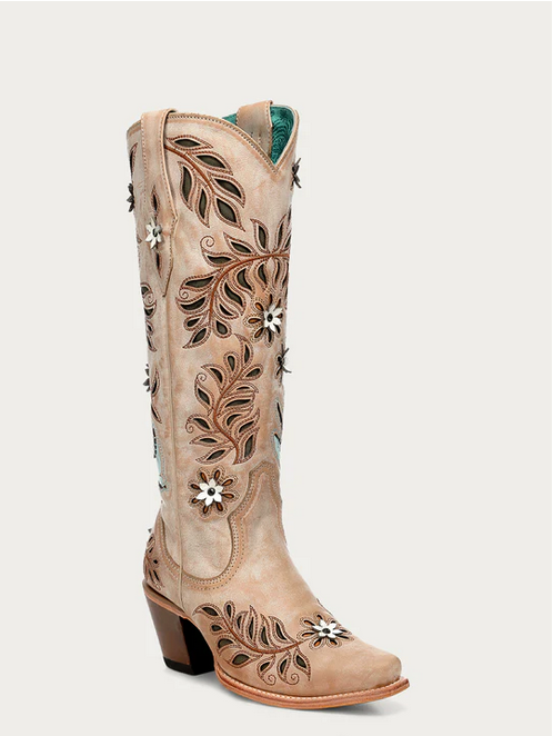 Z5429 - WOMEN'S STRAW LASER, FLOWERS AND BIRDS INLAY AND CRYSTALS TALL TOP SNIP TOE COWBOY BOOT