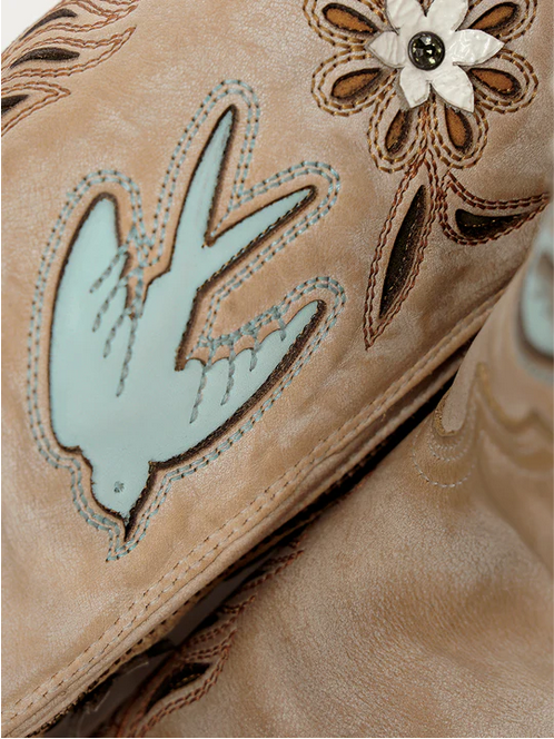 Z5429 - WOMEN'S STRAW LASER, FLOWERS AND BIRDS INLAY AND CRYSTALS TALL TOP SNIP TOE COWBOY BOOT