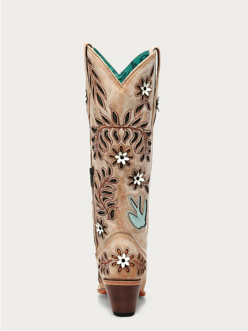 Z5429 - WOMEN'S STRAW LASER, FLOWERS AND BIRDS INLAY AND CRYSTALS TALL TOP SNIP TOE COWBOY BOOT