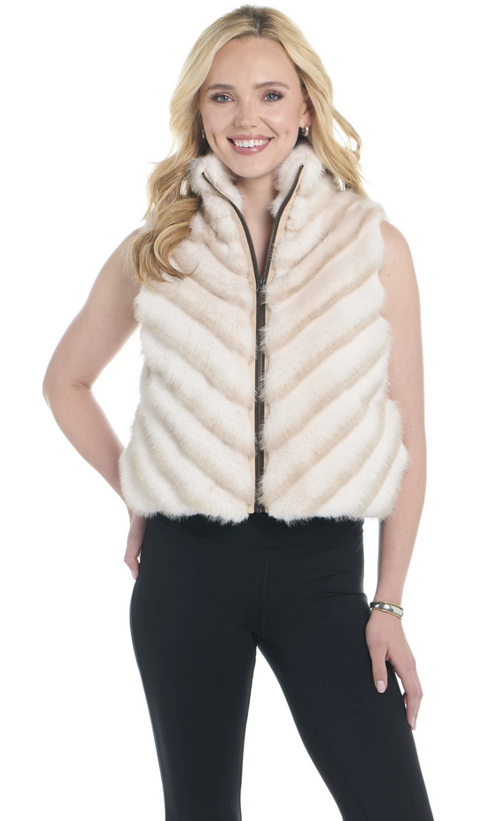 Zip Front Faux Fur Vest W/ Microsuede Trim