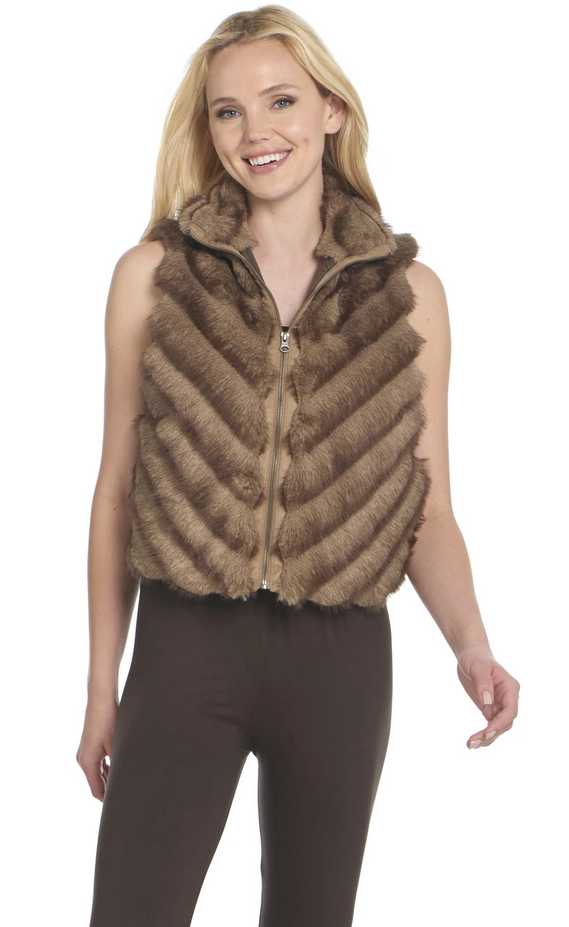 Zip Front Faux Fur Vest W/ Microsuede Trim