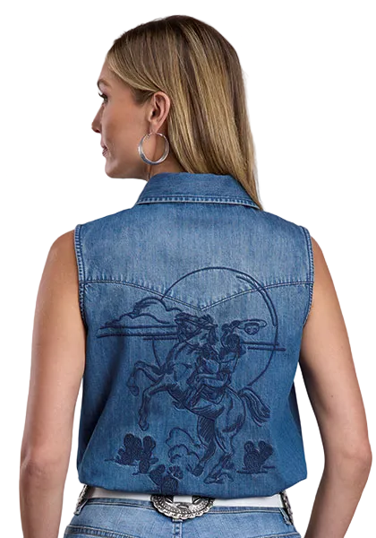 Western Sleeveless Embroidered Back Denim Shirt