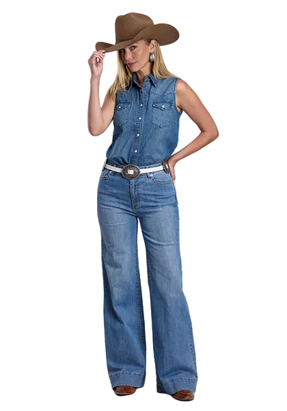 Western Sleeveless Embroidered Back Denim Shirt