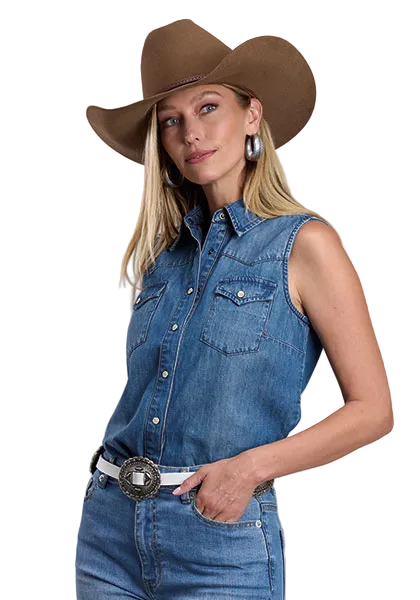 Western Sleeveless Embroidered Back Denim Shirt