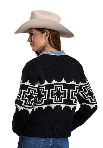 Black Aztec Button Front Cardigan Sweater